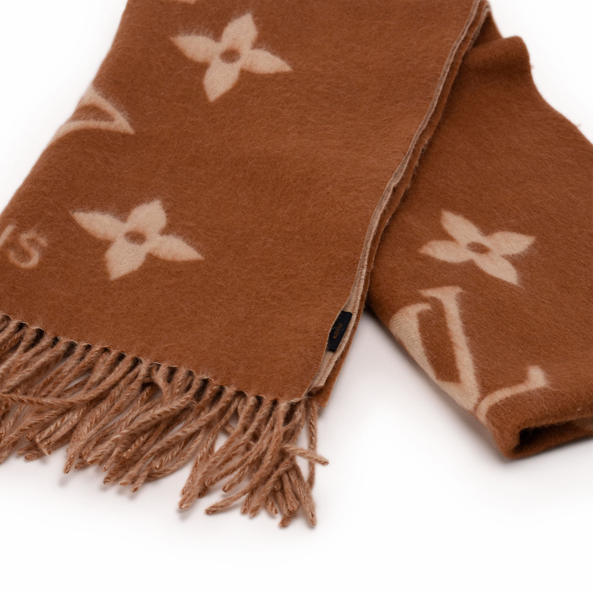 Brown monogram pattern wool scarf with fringe, curated Pre-loved Luxury by Myluxe in Helsinki.