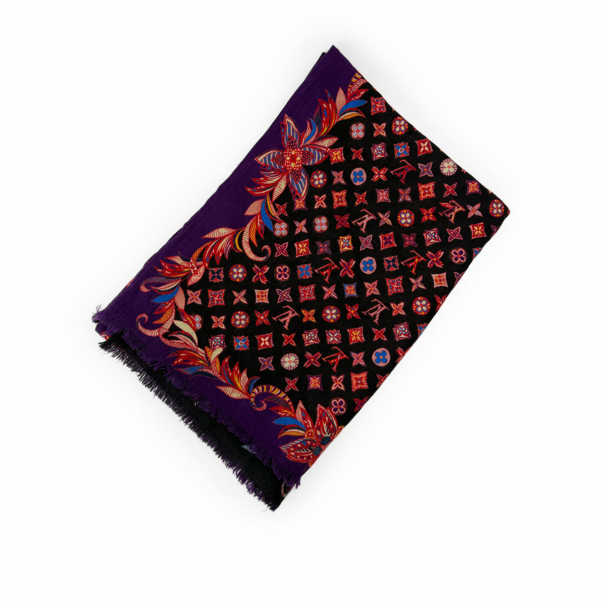 Black silk scarf with colorful floral patterns and purple fringed edges, curated Pre-loved Luxury by Myluxe in Helsinki.