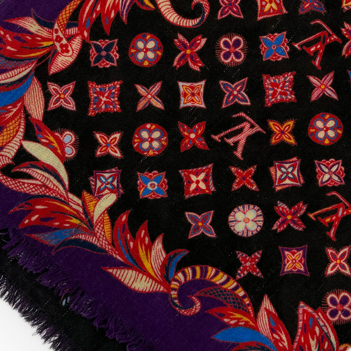 Multicolor patterned silk scarf with floral and geometric motifs, curated Pre-loved Luxury by Myluxe in Helsinki.