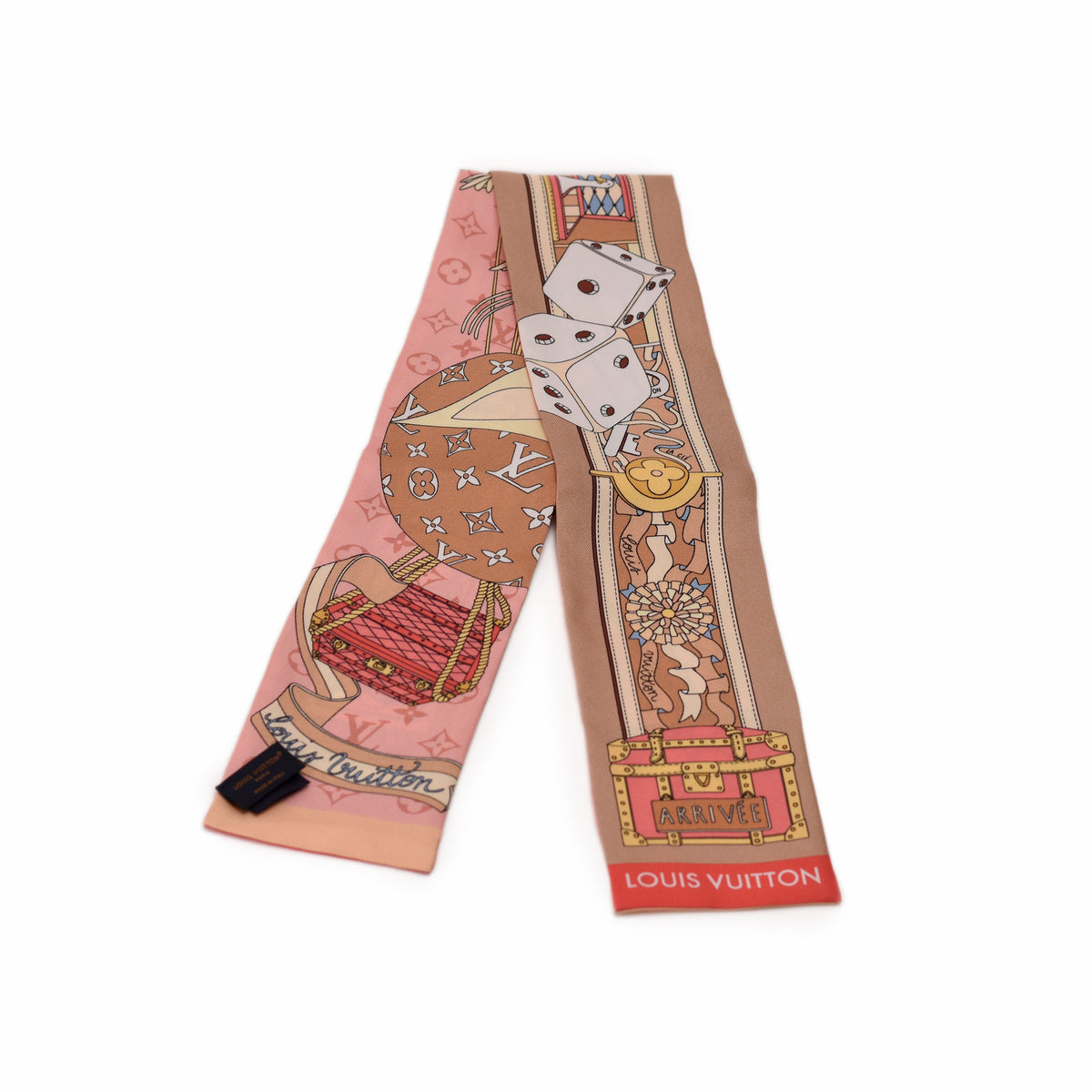 Pink and tan Louis Vuitton silk scarf featuring travel illustrations, curated Pre-loved Luxury by Myluxe in Helsinki.