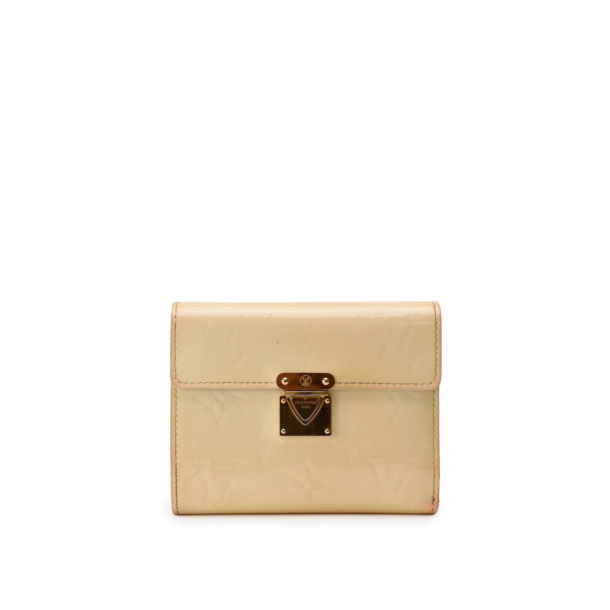 Cream Louis Vuitton monogram leather wallet with gold-tone clasp, curated Pre-loved Luxury by Myluxe in Helsinki.