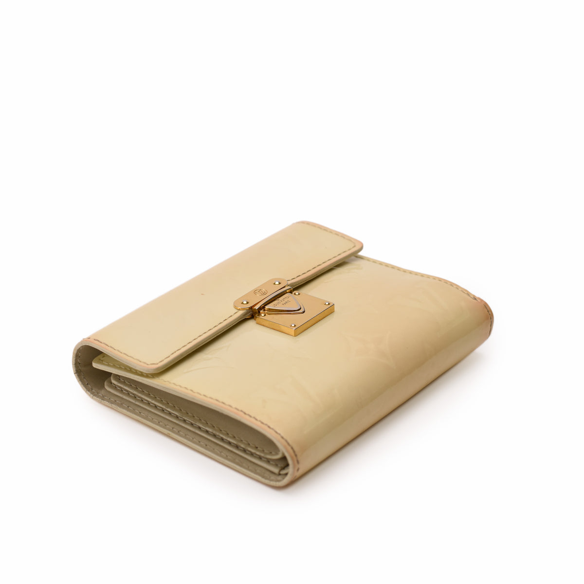 Cream patent leather Louis Vuitton monogram wallet with gold-tone hardware, curated Pre-loved Luxury by Myluxe in Helsinki.