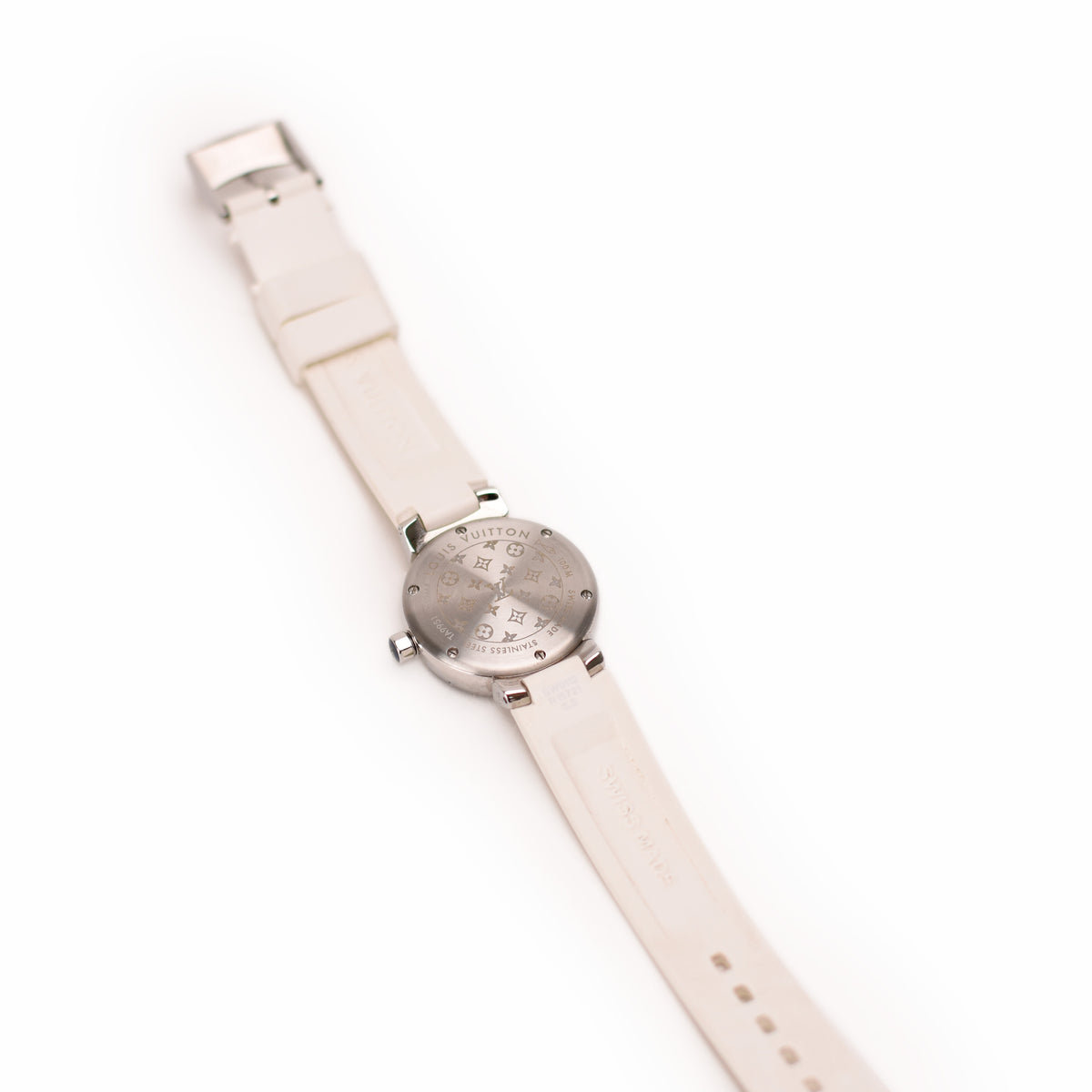Louis Vuitton silver stainless steel watch with cream rubber strap. curated Pre-loved Luxury by Myluxe in Helsinki.