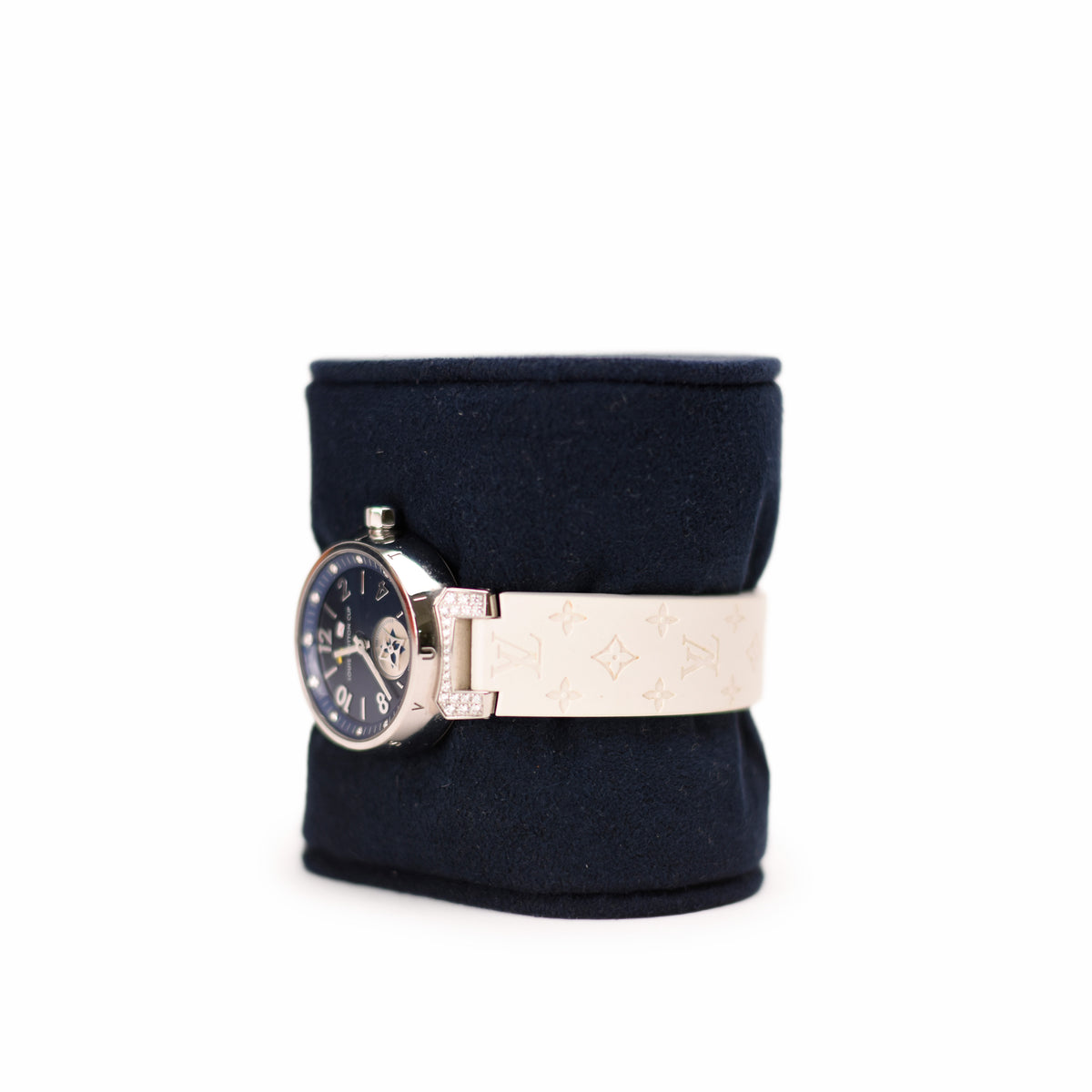 Louis Vuitton watch with white monogram leather strap and blue dial. curated Pre-loved Luxury by Myluxe in Helsinki.