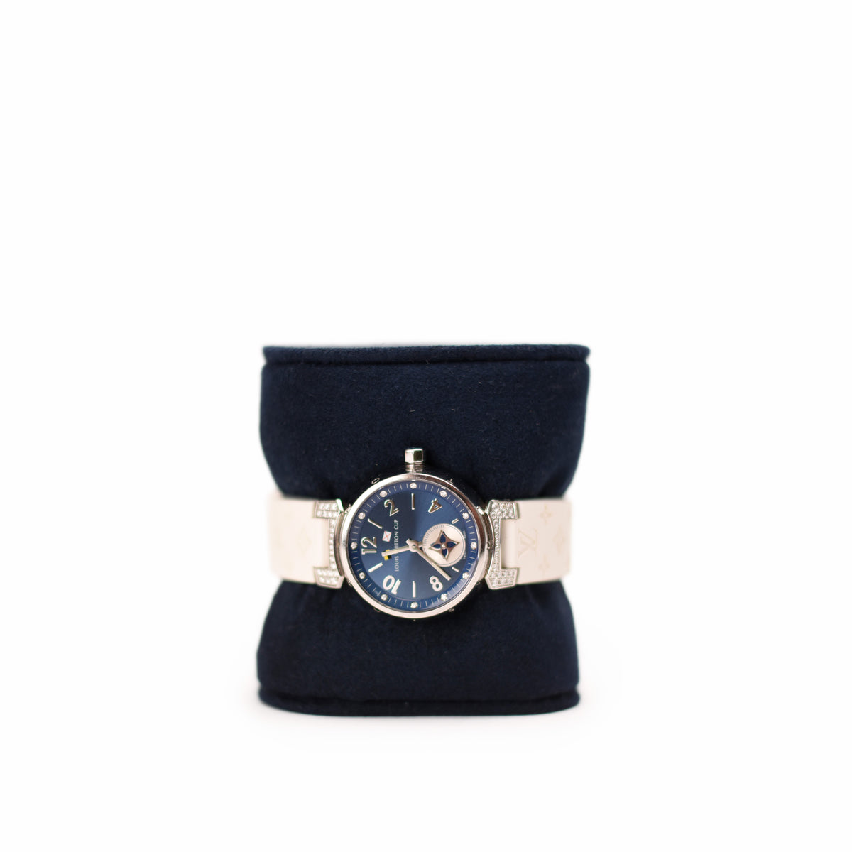 Louis Vuitton women's watch with blue dial and cream leather strap. curated Pre-loved Luxury by Myluxe in Helsinki.