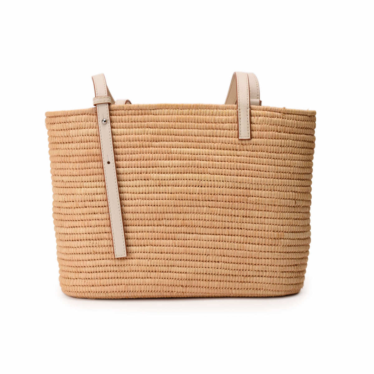Beige woven straw tote bag with light-colored leather handles, curated Pre-loved Luxury by Myluxe in Helsinki.
