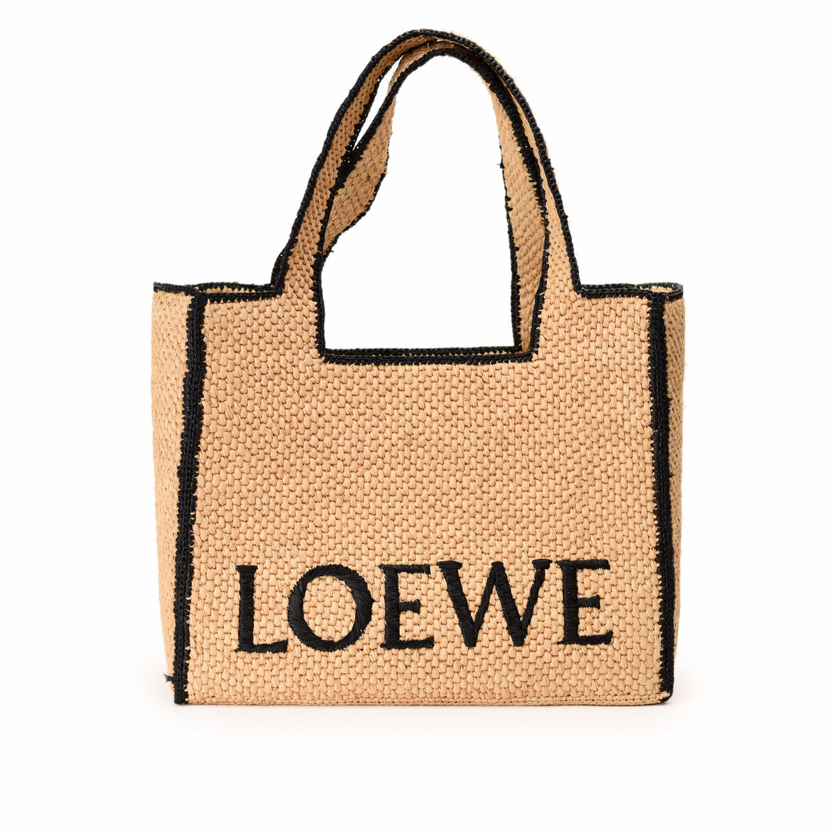 Loewe woven straw tote bag in beige with black logo. curated Pre-loved Luxury by Myluxe in Helsinki.