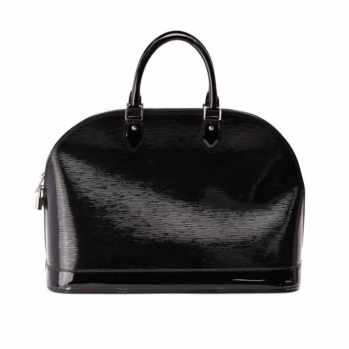 Black patent leather dome satchel with dual top handles, curated Pre-loved Luxury by Myluxe in Helsinki.