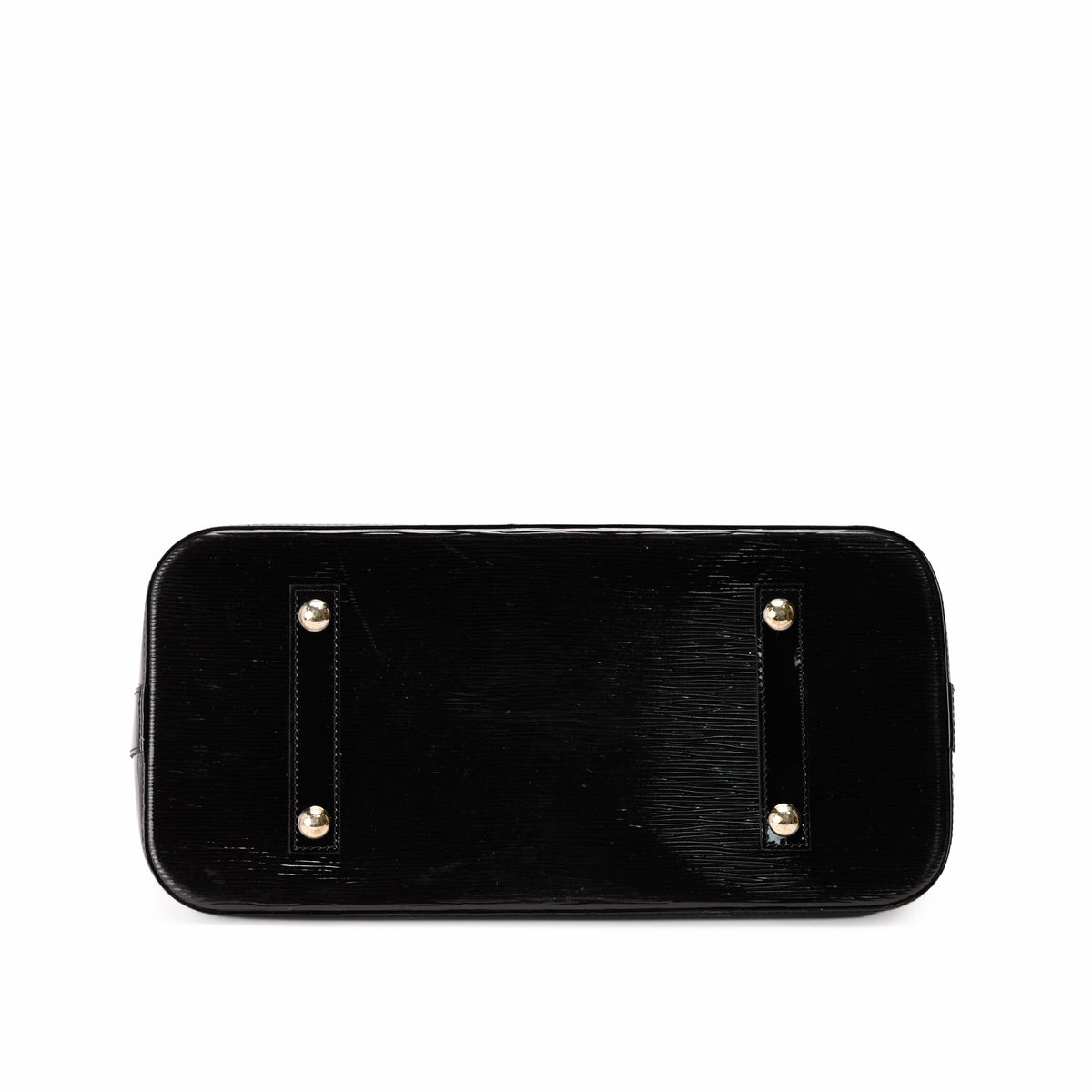 Black patent leather luxury handbag base with gold-tone metal feet, curated Pre-loved Luxury by Myluxe in Helsinki.