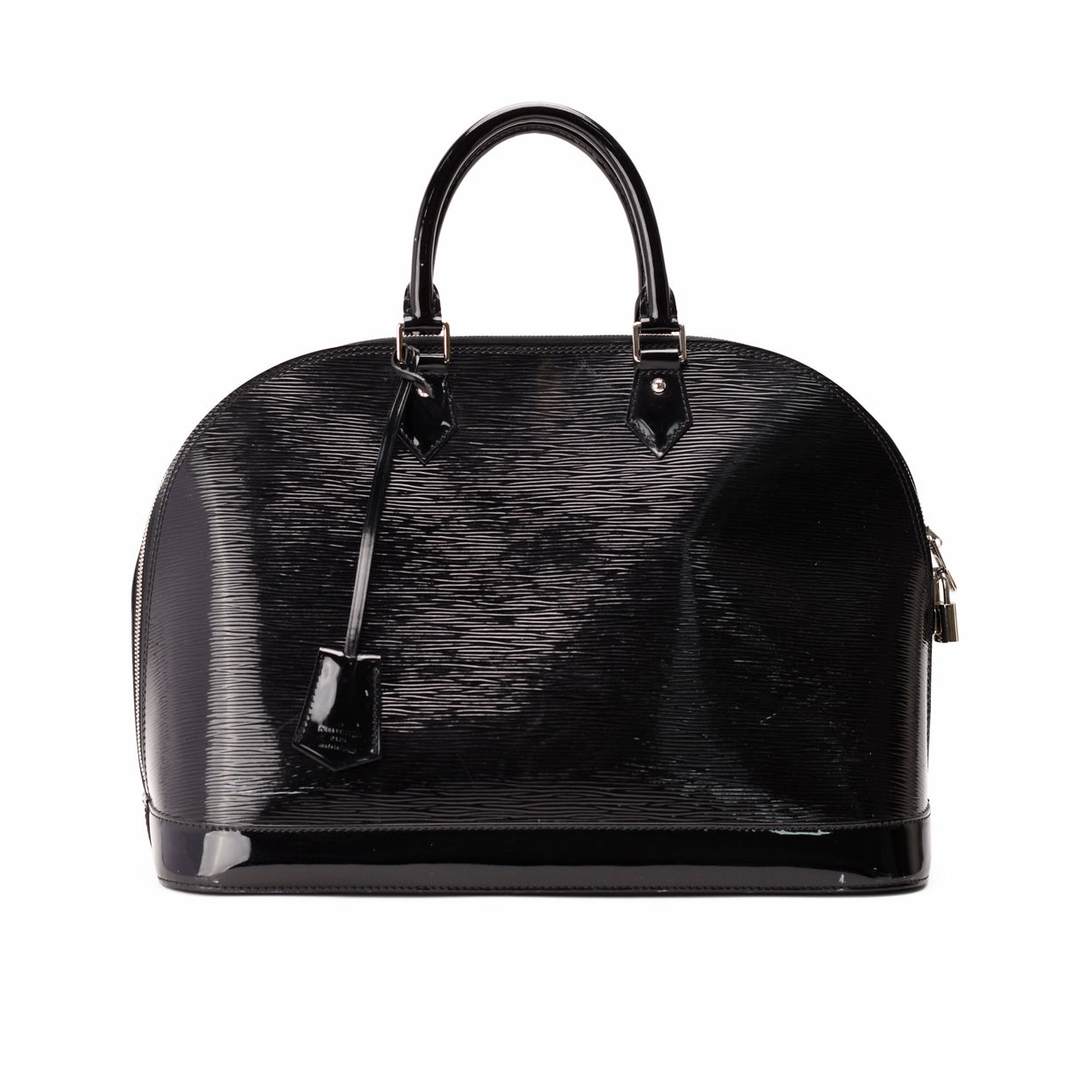 Black patent leather dome satchel with top handles, curated Pre-loved Luxury by Myluxe in Helsinki.