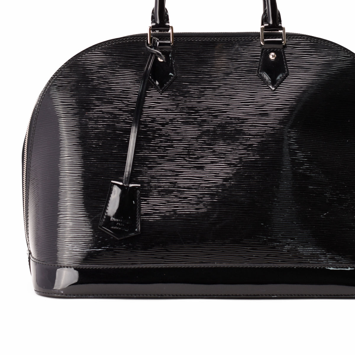Black patent leather monogrammed handbag with top handles, curated Pre-loved Luxury by Myluxe in Helsinki.
