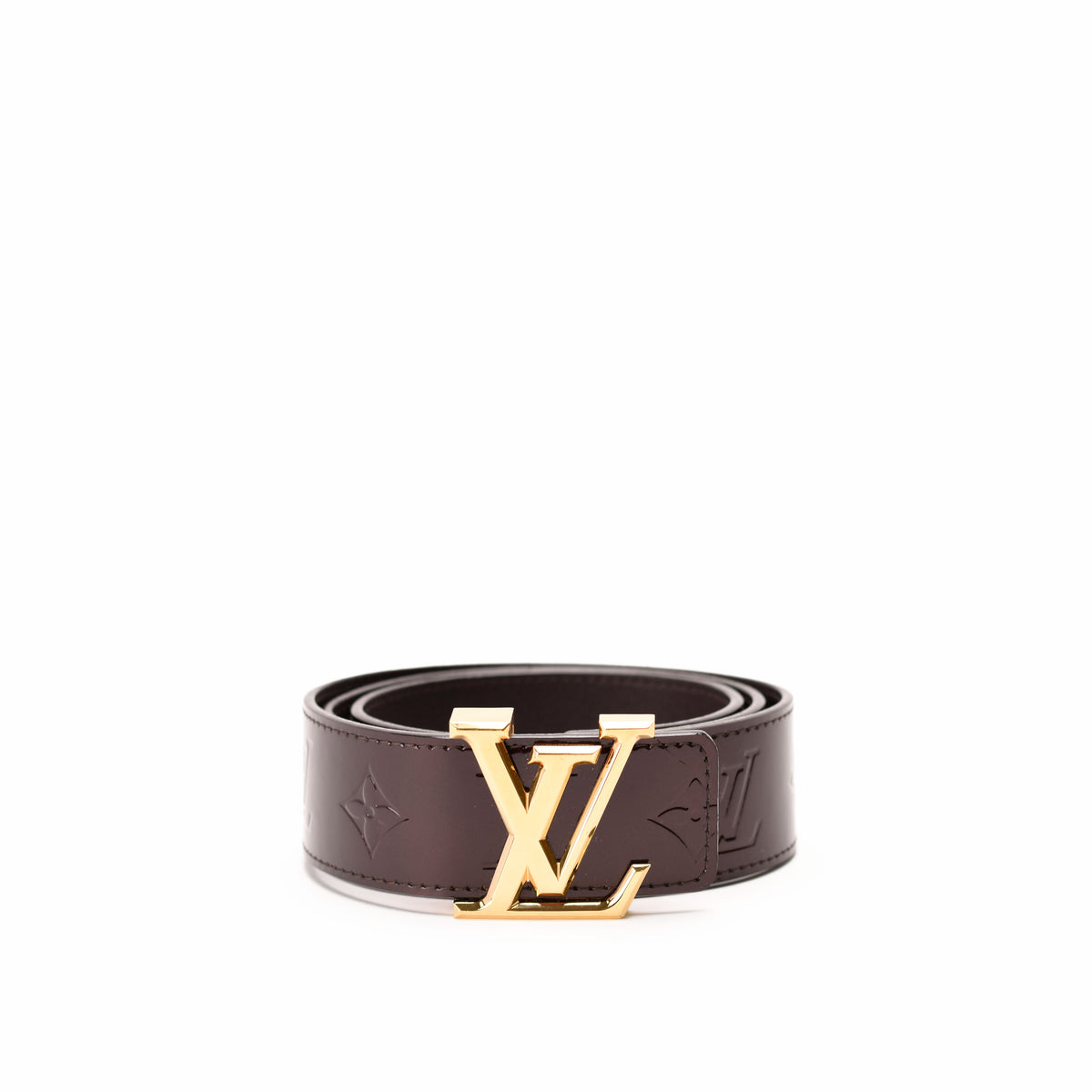 Louis Vuitton dark brown leather belt with gold-tone LV logo buckle, curated Pre-loved Luxury by Myluxe in Helsinki.