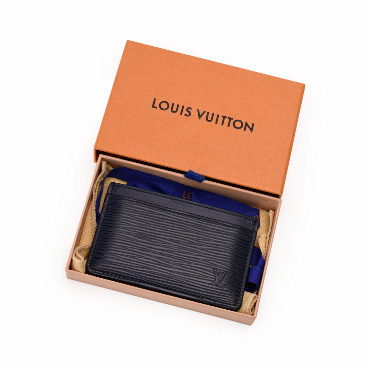 Black Louis Vuitton Epi leather card holder in original box, curated Pre-loved Luxury by Myluxe in Helsinki.