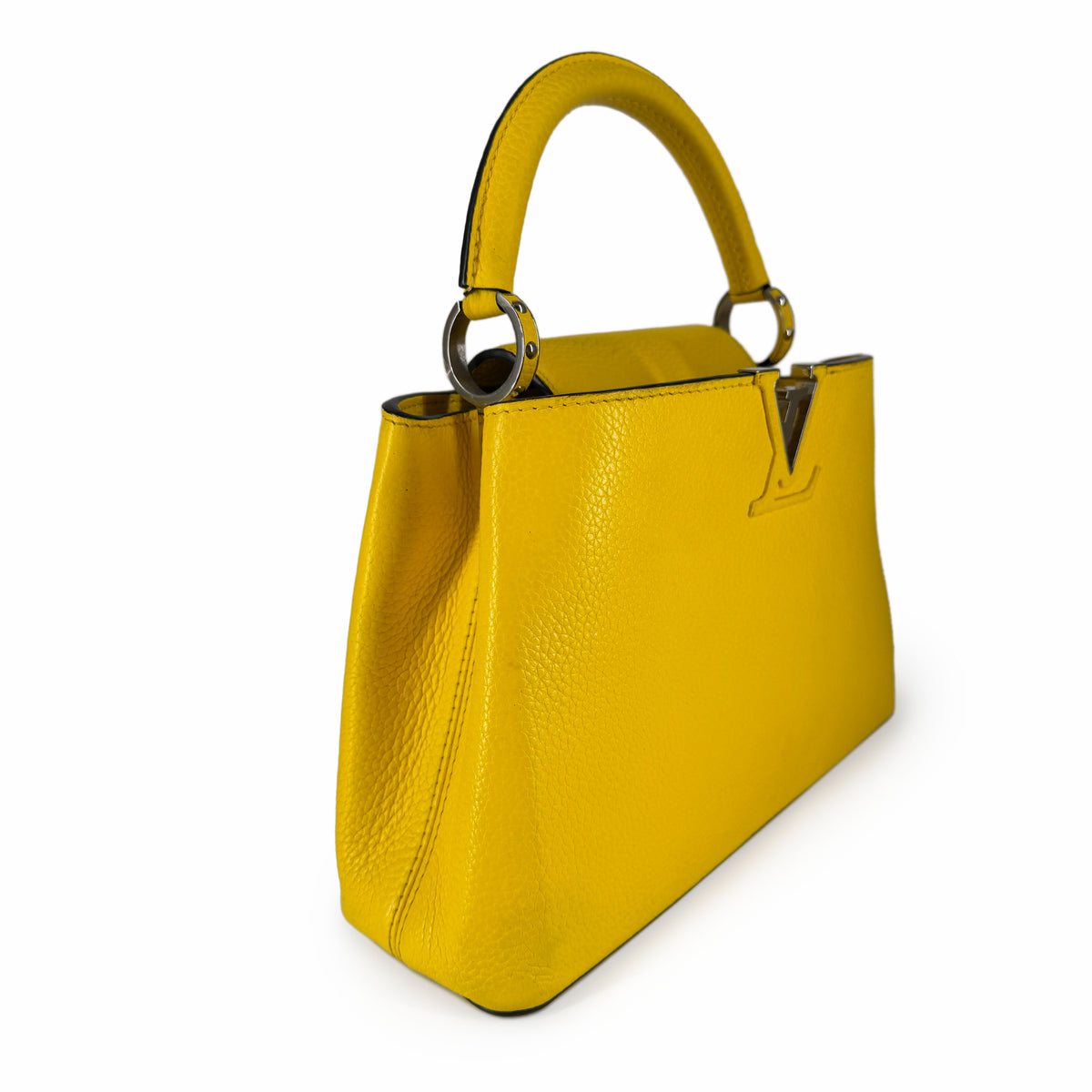 Yellow textured leather top handle handbag with silver hardware, curated Pre-loved Luxury by Myluxe in Helsinki.