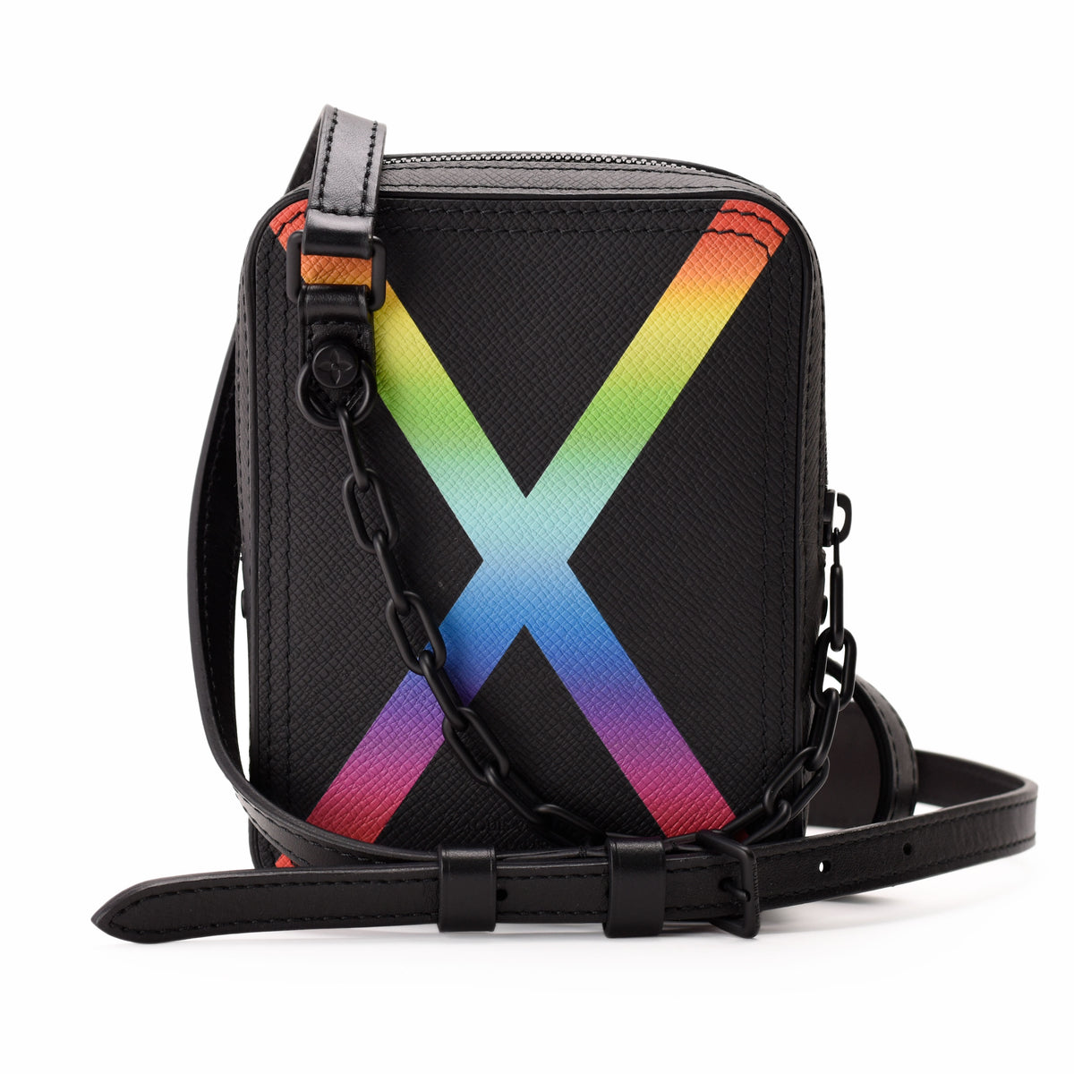 Black textured leather crossbody bag with a vibrant rainbow X design, curated Pre-loved Luxury by Myluxe in Helsinki.