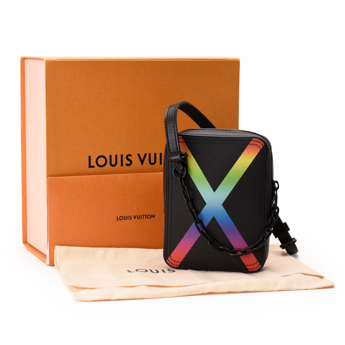 Black Louis Vuitton crossbody bag with colorful rainbow X design, curated Pre-loved Luxury by Myluxe in Helsinki.
