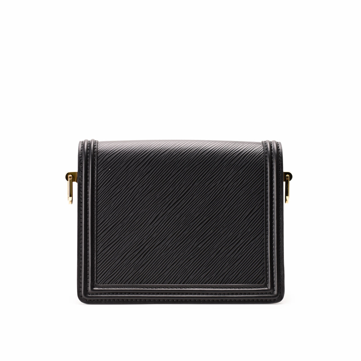 Black textured leather flap crossbody bag with gold-tone hardware, curated Pre-loved Luxury by Myluxe in Helsinki.