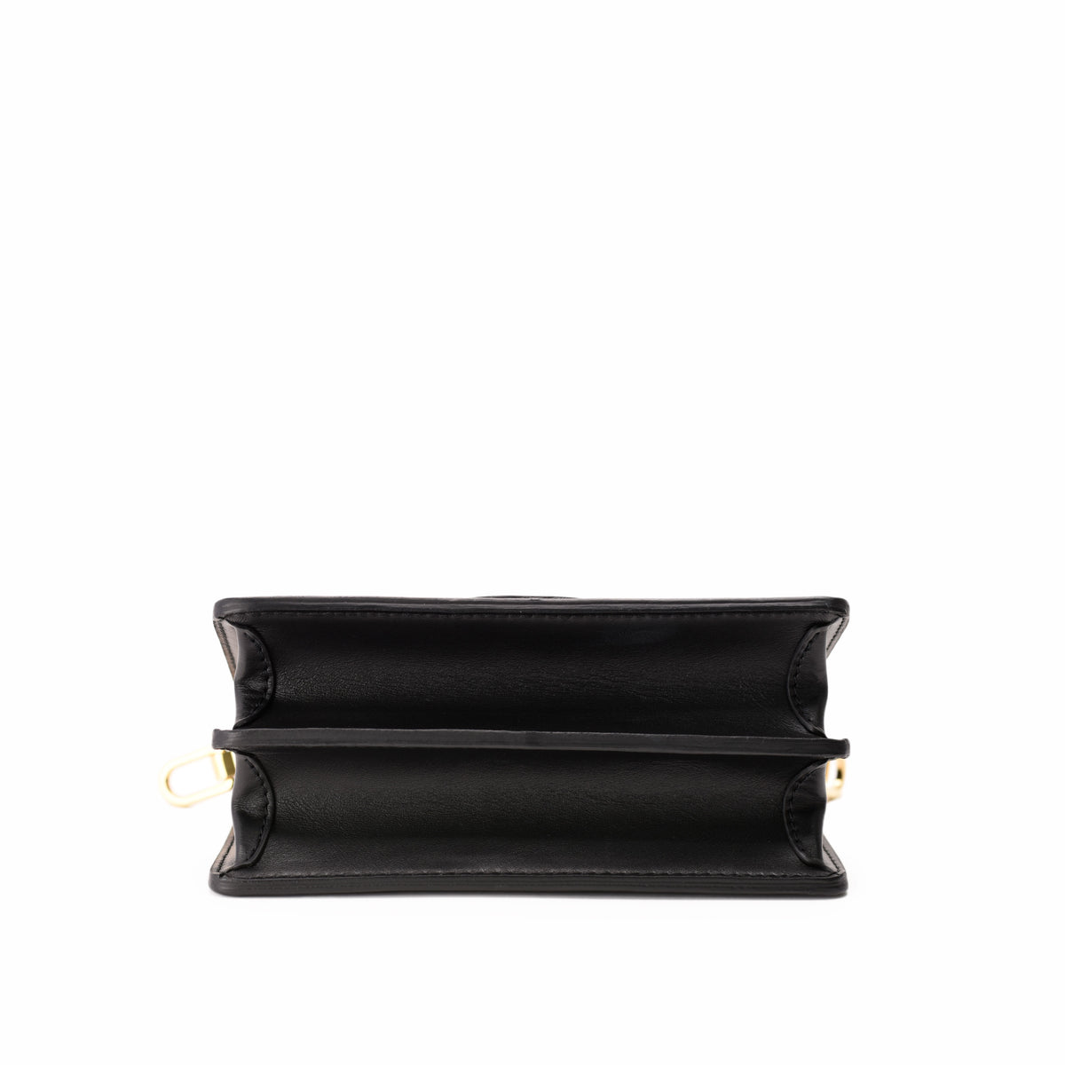 Black leather designer clutch with gold-tone hardware, curated Pre-loved Luxury by Myluxe in Helsinki.