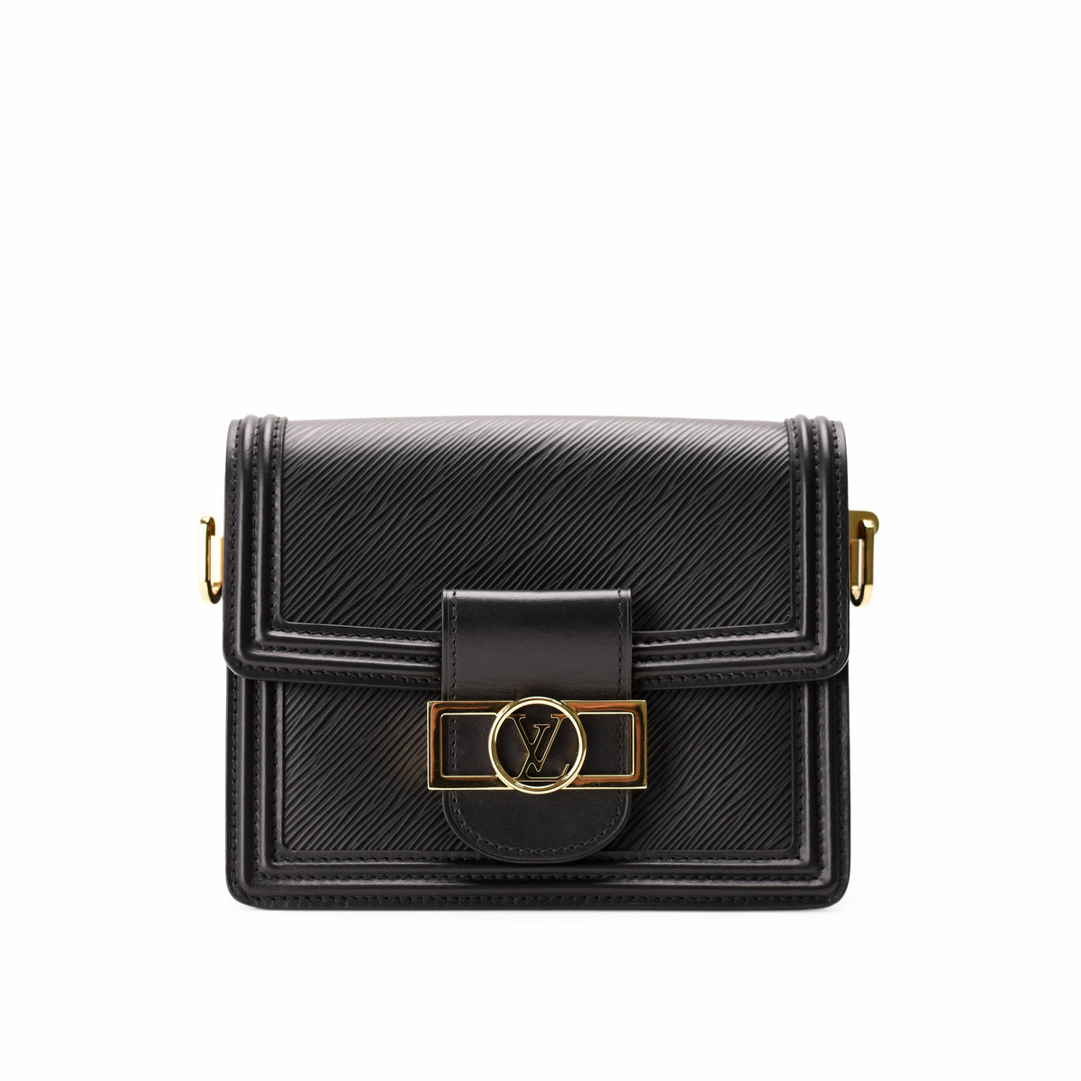 Black textured leather Louis Vuitton crossbody bag with gold-tone LV hardware, curated Pre-loved Luxury by Myluxe in Helsinki.