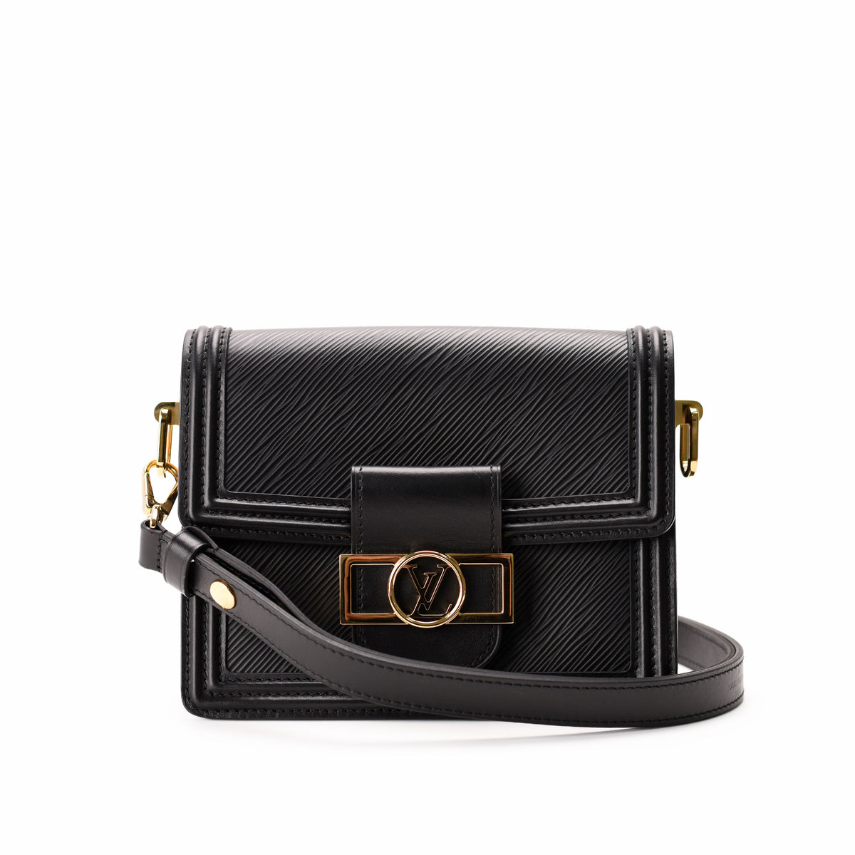 Black textured leather Louis Vuitton crossbody bag with gold-tone hardware, curated Pre-loved Luxury by Myluxe in Helsinki.