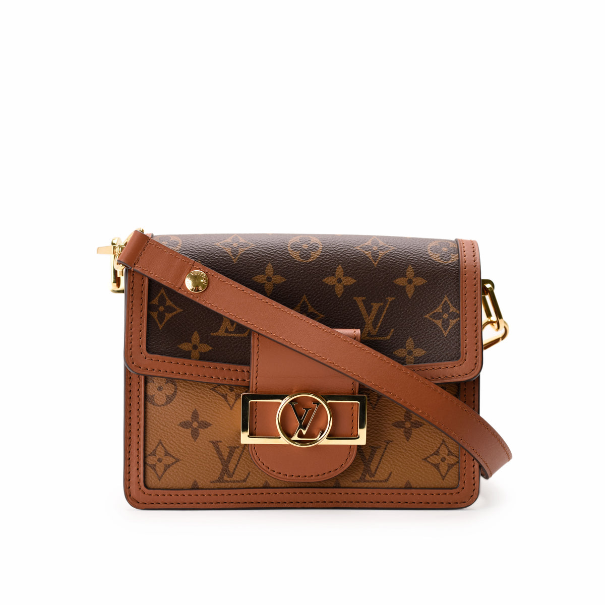 Brown monogram canvas Louis Vuitton crossbody bag with tan leather trim, curated Pre-loved Luxury by Myluxe in Helsinki.