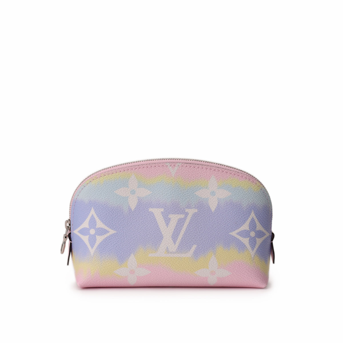 Louis Vuitton pastel gradient monogram makeup pouch in pink, purple and yellow. curated Pre-loved Luxury by Myluxe in Helsinki.