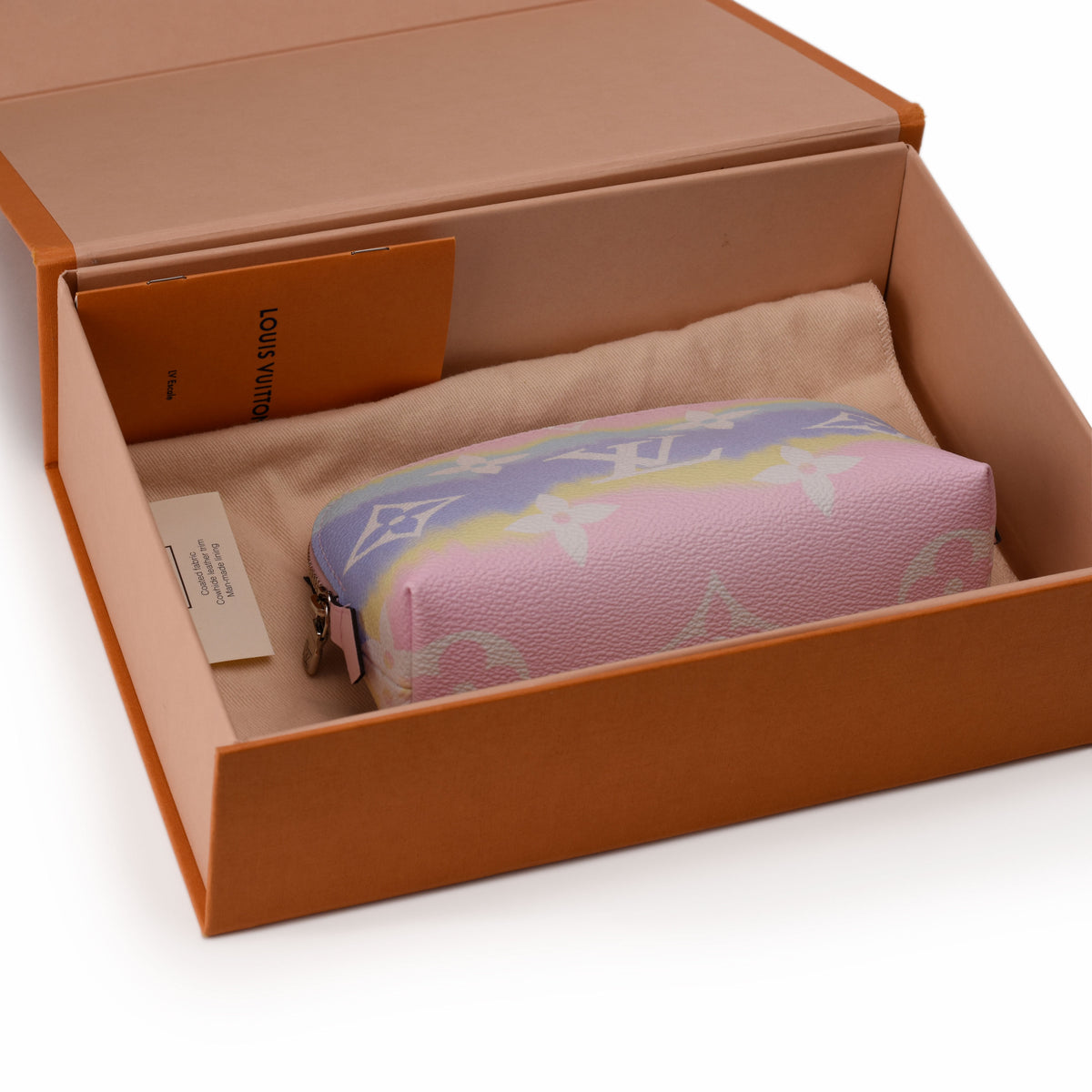 Louis Vuitton multi-color pastel leather pouch in an orange box, curated Pre-loved Luxury by Myluxe in Helsinki.