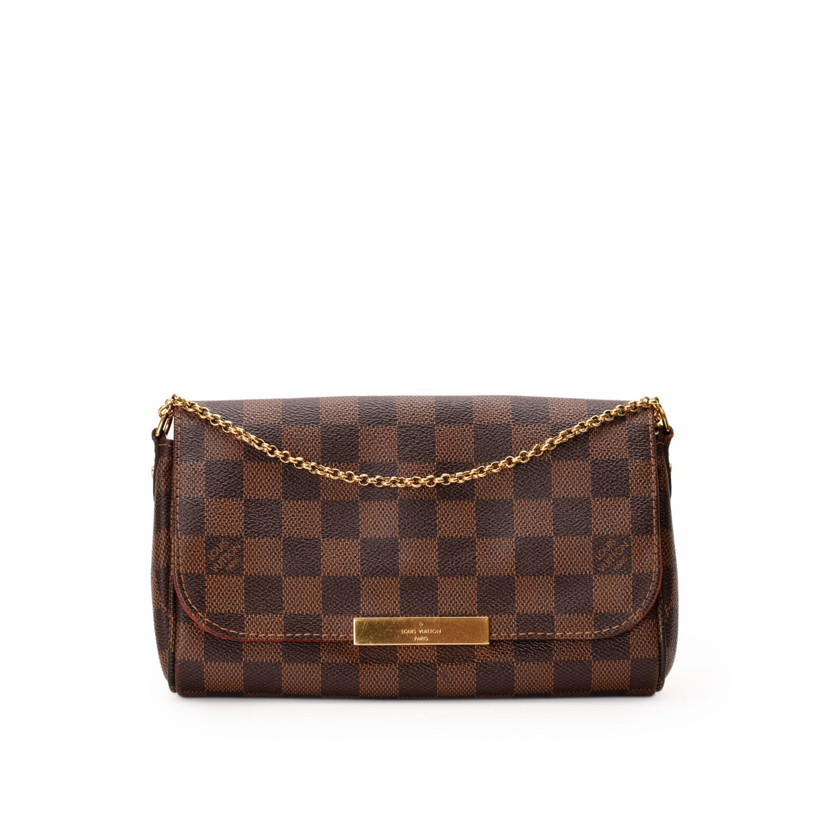 Louis Vuitton Damier Ebene canvas crossbody bag with gold chain strap. curated Pre-loved Luxury by Myluxe in Helsinki.