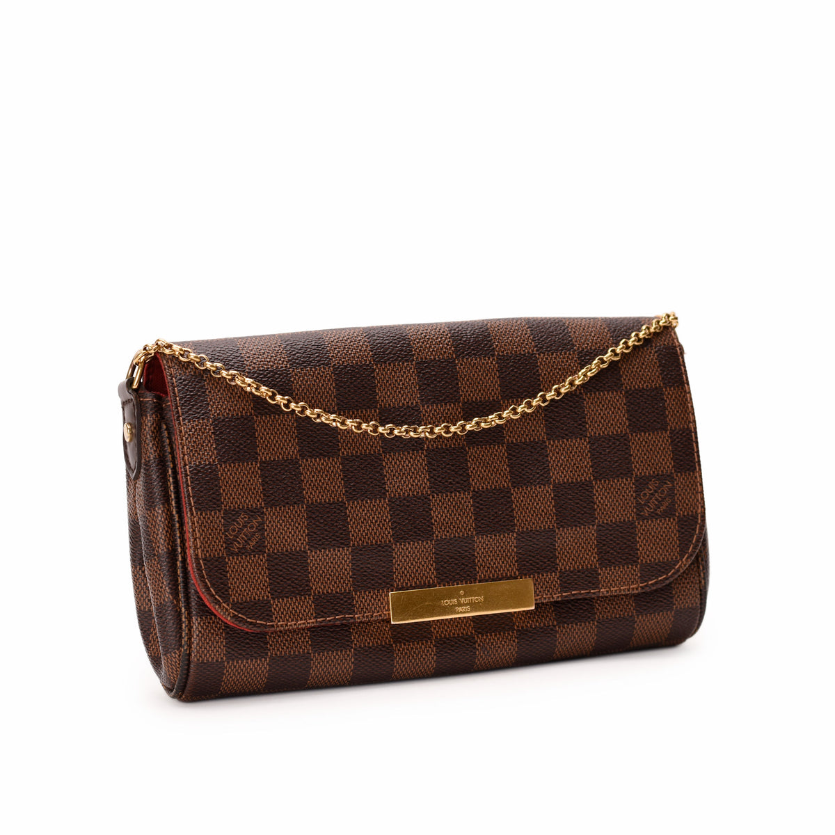 Louis Vuitton Damier Ebene checkered canvas crossbody bag with gold chain strap. curated Pre-loved Luxury by Myluxe in Helsinki.
