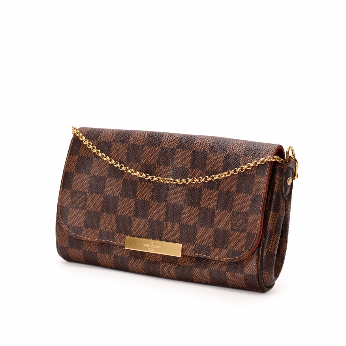 Louis Vuitton Damier Ebene canvas flap bag with gold chain strap. curated Pre-loved Luxury by Myluxe in Helsinki.
