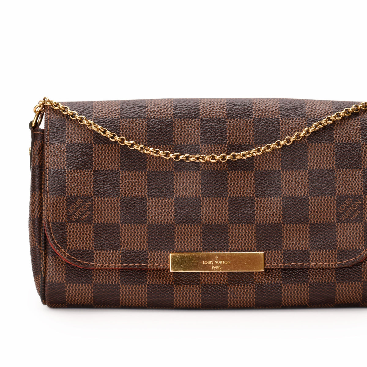 Louis Vuitton Damier Ebene checkered canvas clutch with gold chain strap. curated Pre-loved Luxury by Myluxe in Helsinki.