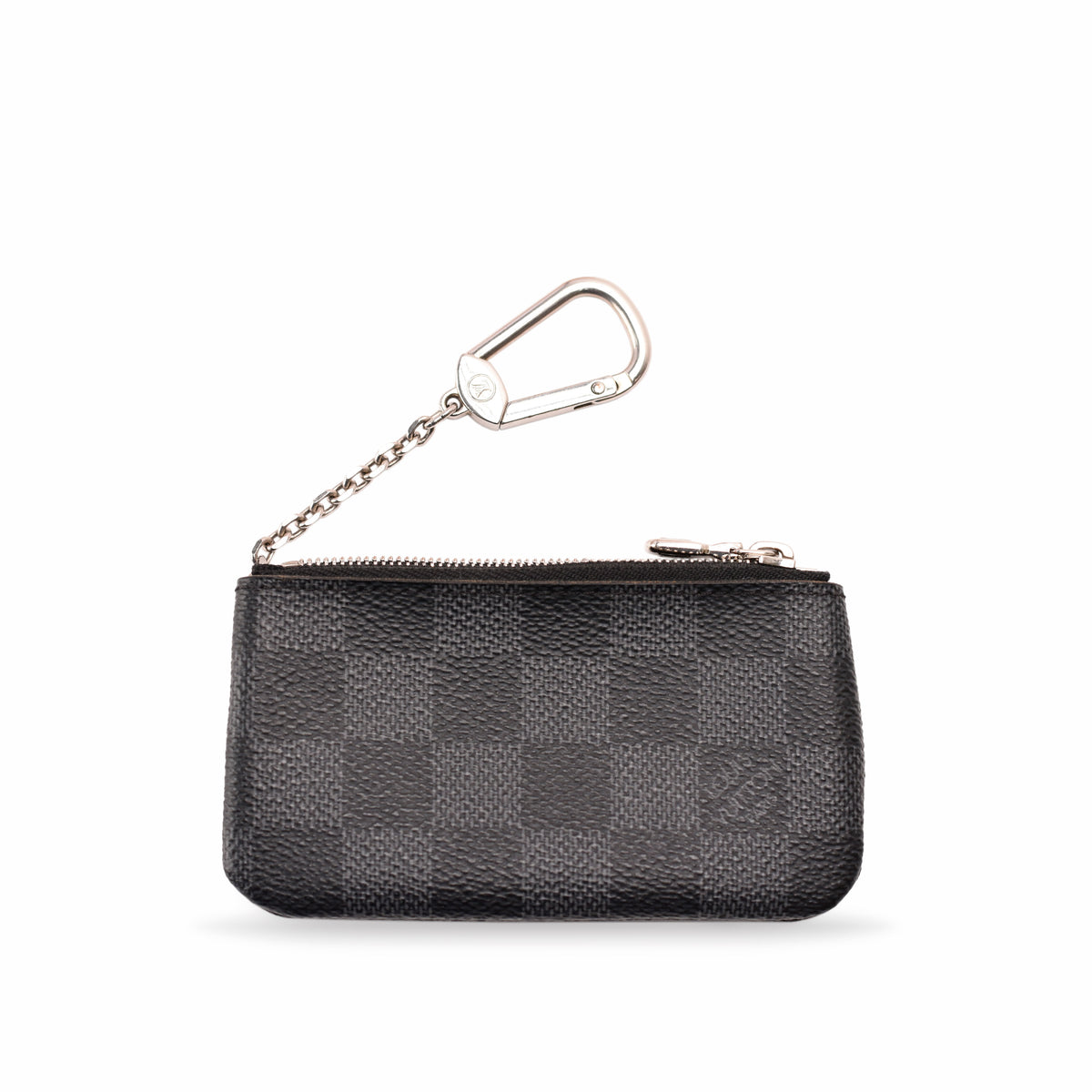 Black Damier Ebene patterned leather coin purse with silver-tone chain keychain, curated Pre-loved Luxury by Myluxe in Helsinki.