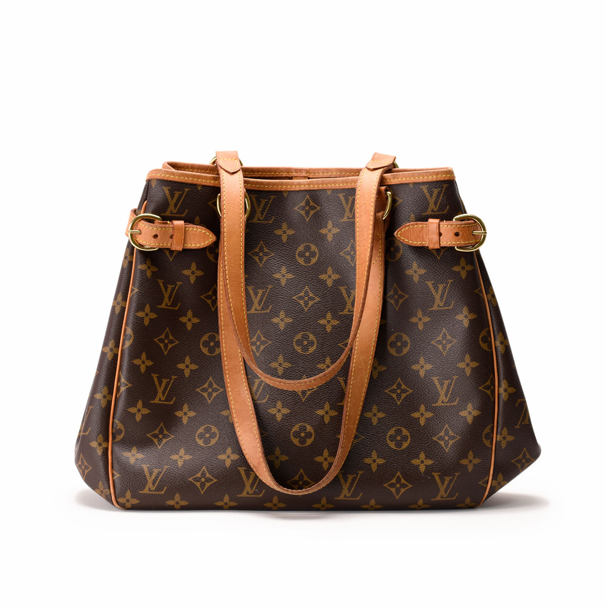 Louis Vuitton monogram canvas tote bag with tan leather straps, curated Pre-loved Luxury by Myluxe in Helsinki.