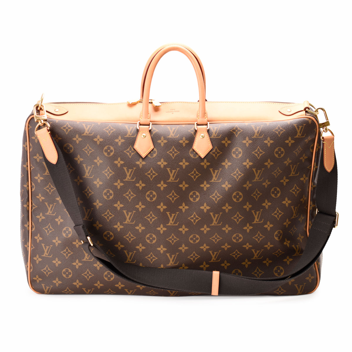 Louis Vuitton monogram canvas duffel bag with tan leather handles and shoulder strap, curated Pre-loved Luxury by Myluxe in Helsinki.