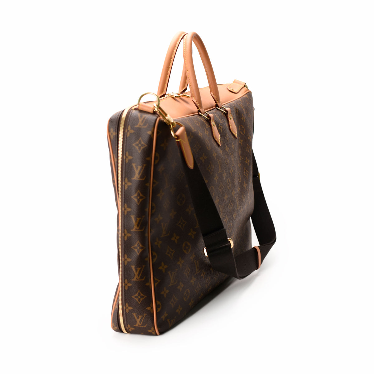 Louis Vuitton monogram canvas briefcase with tan leather handles and strap, curated Pre-loved Luxury by Myluxe in Helsinki.