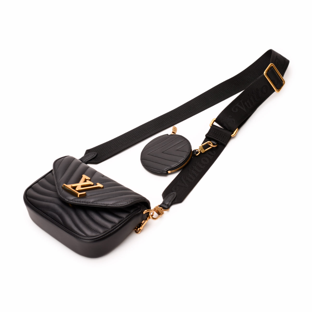 Black quilted leather Louis Vuitton crossbody bag with gold LV logo. curated Pre-loved Luxury by Myluxe in Helsinki.