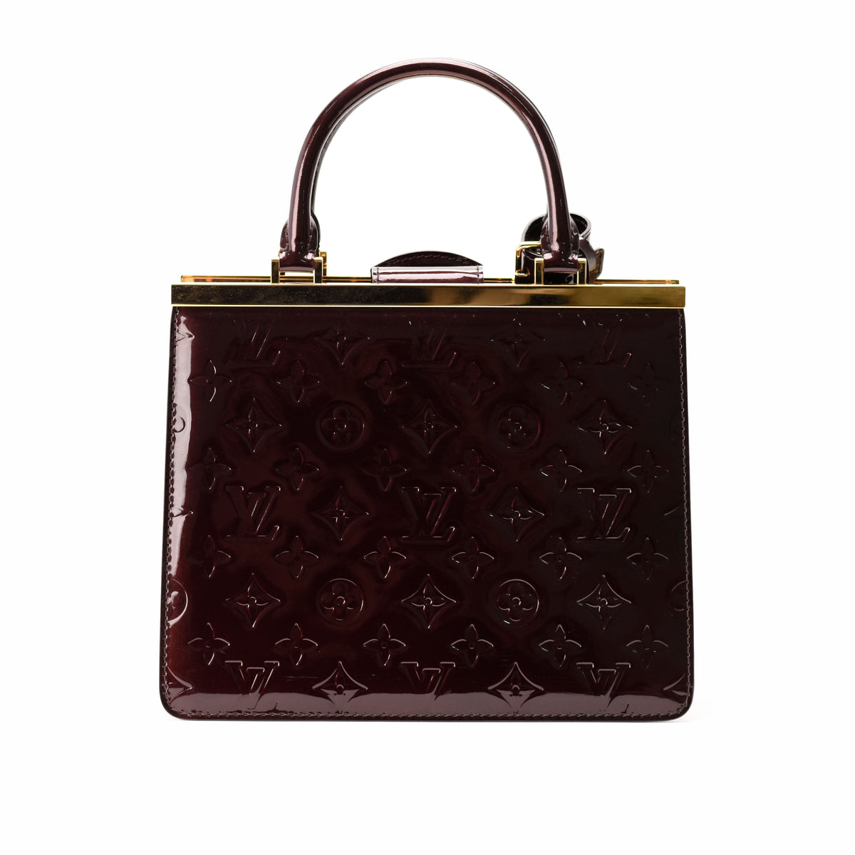 Burgundy patent leather monogram handbag with gold-tone hardware, curated Pre-loved Luxury by Myluxe in Helsinki.