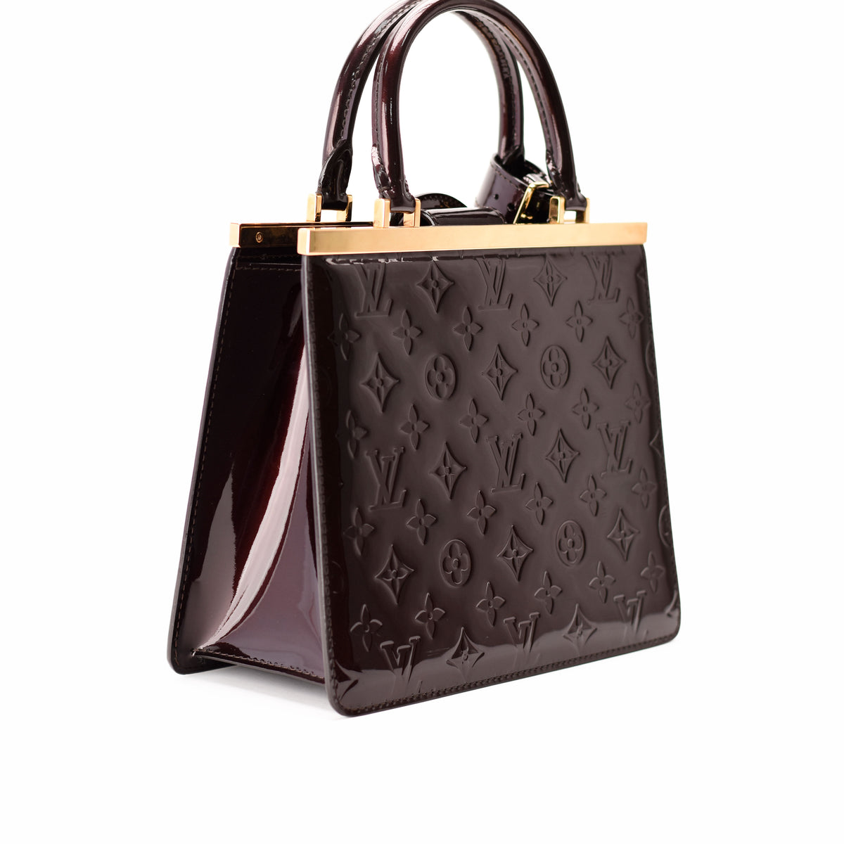 Dark burgundy patent leather Louis Vuitton monogram handbag with gold hardware, curated Pre-loved Luxury by Myluxe in Helsinki.