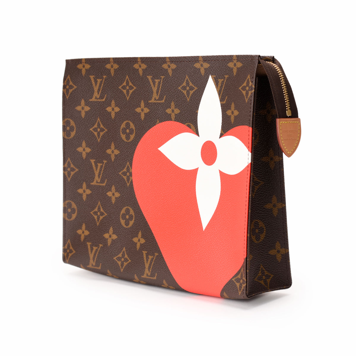 Louis Vuitton Monogram canvas pouch with red heart and white flower motif. curated Pre-loved Luxury by Myluxe in Helsinki.