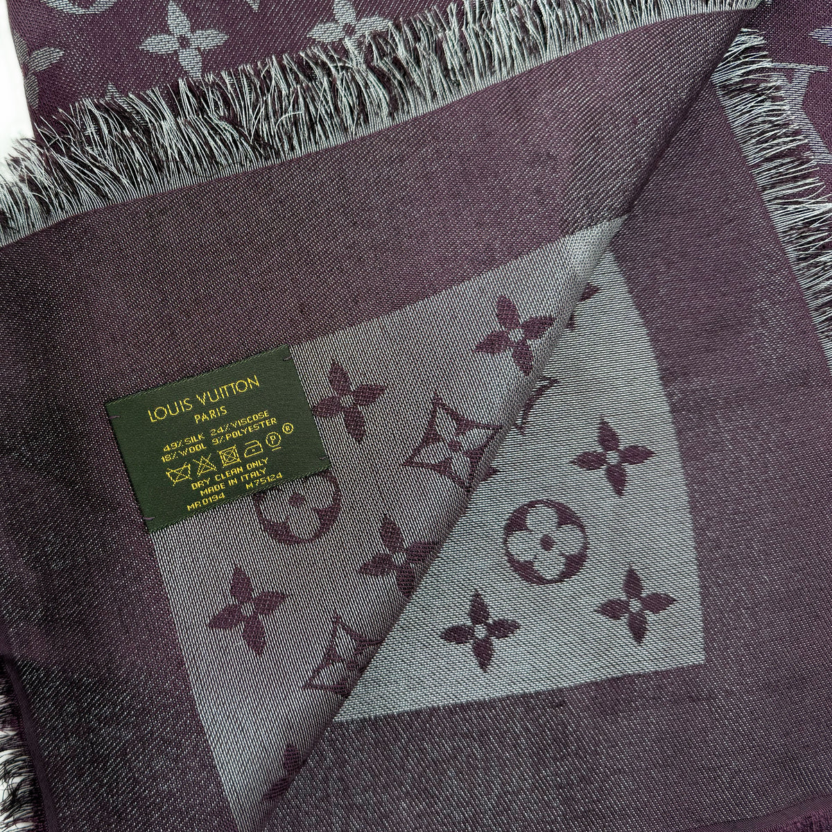 Louis Vuitton purple silk and viscose monogram scarf. Curated Pre-loved Luxury by Myluxe in Helsinki.