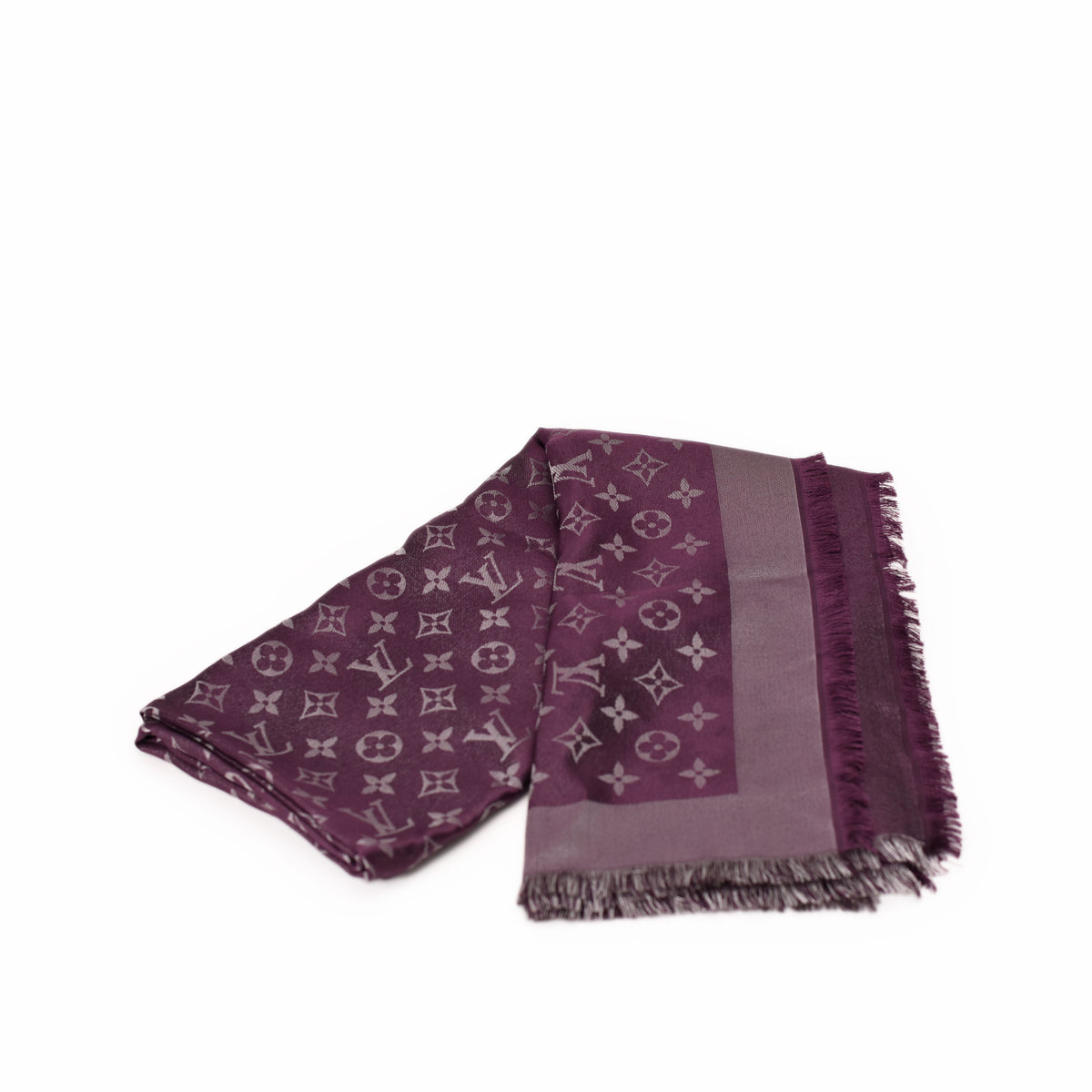 Purple Louis Vuitton monogram silk scarf with fringed edges. curated Pre-loved Luxury by Myluxe in Helsinki.