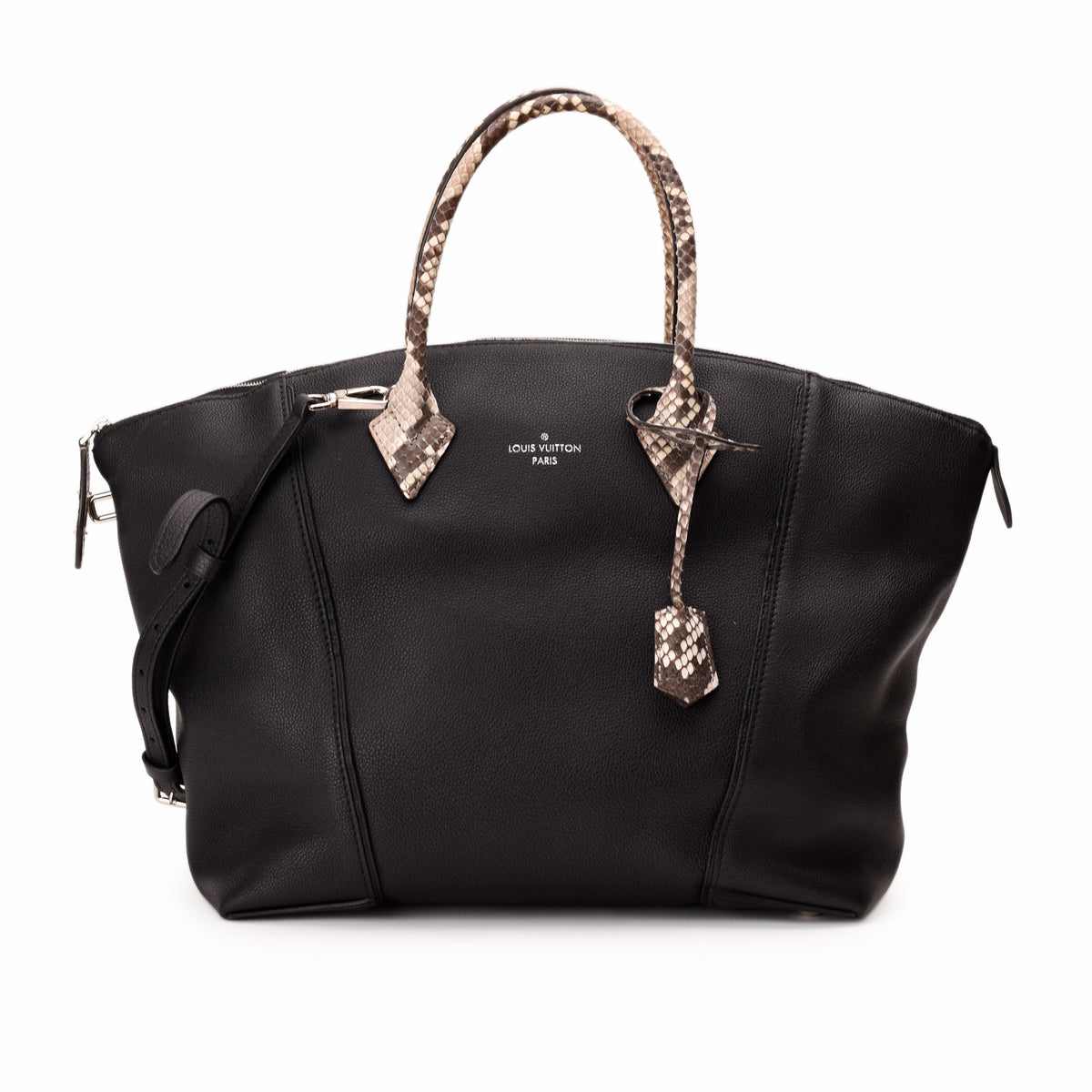 Louis Vuitton black leather handbag with snakeskin pattern handles. curated Pre-loved Luxury by Myluxe in Helsinki.