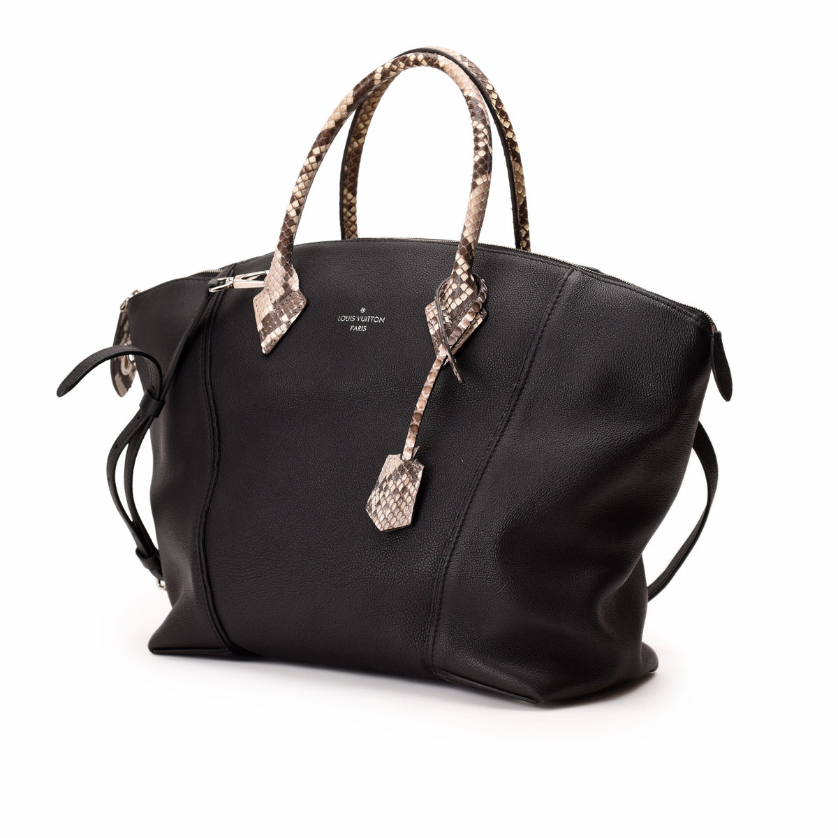 Louis Vuitton black leather handbag with snakeskin pattern handles. curated Pre-loved Luxury by Myluxe in Helsinki.