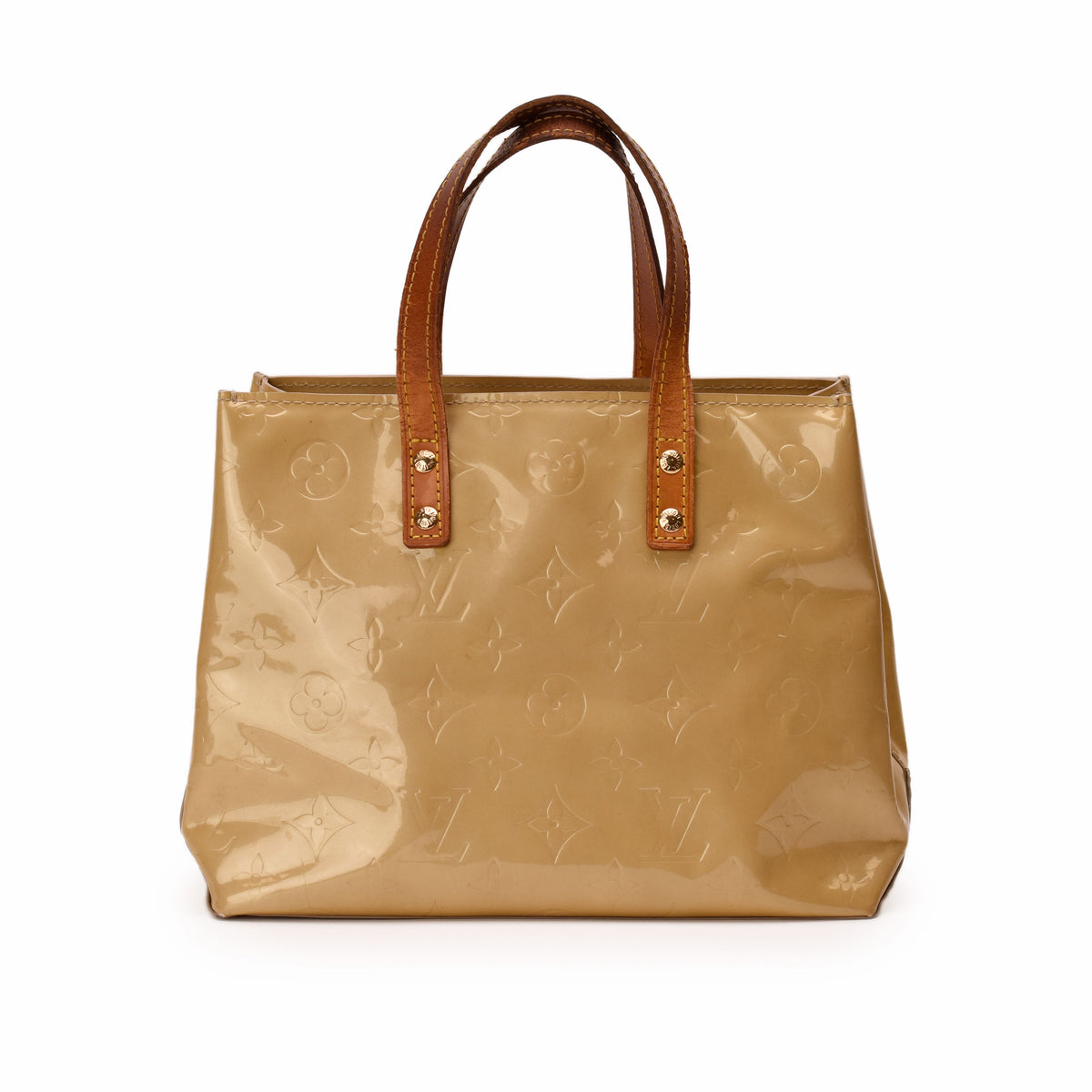 Louis Vuitton monogram patent leather tote in beige. curated Pre-loved Luxury by Myluxe in Helsinki.