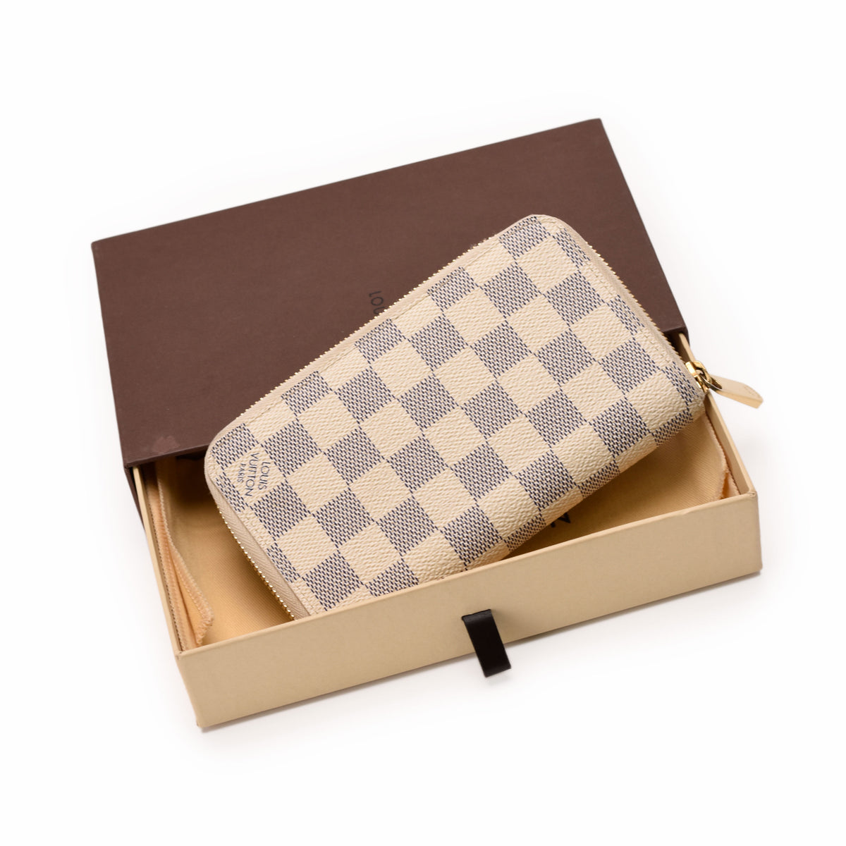 Louis Vuitton Damier Azur checkered canvas zip-around wallet, curated Pre-loved Luxury by Myluxe in Helsinki.
