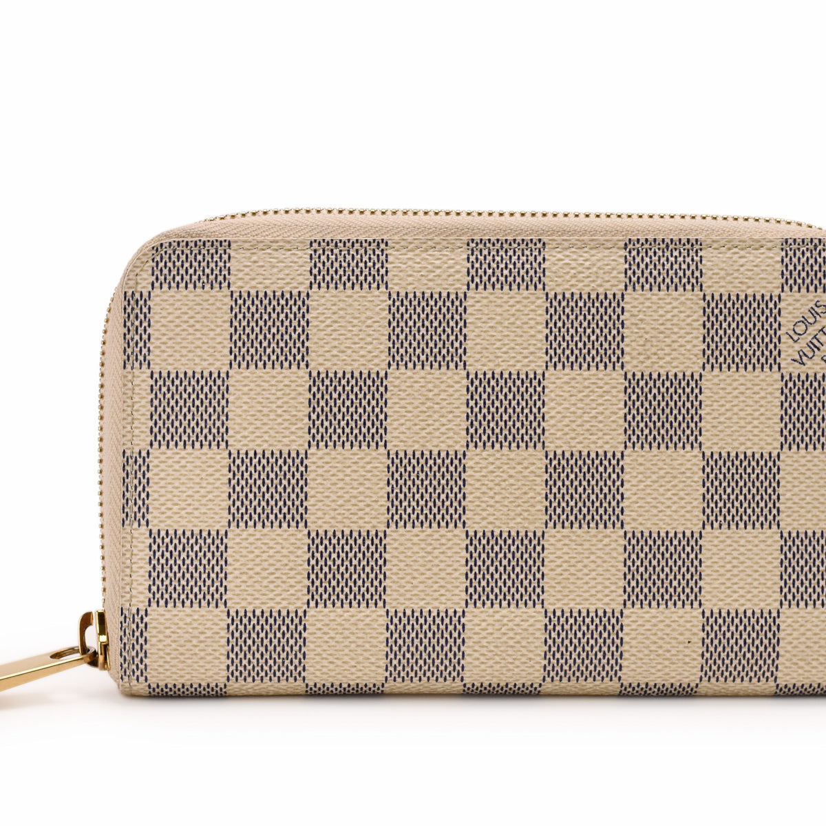 Louis Vuitton Damier Azur checkered canvas zip-around wallet, curated Pre-loved Luxury by Myluxe in Helsinki.