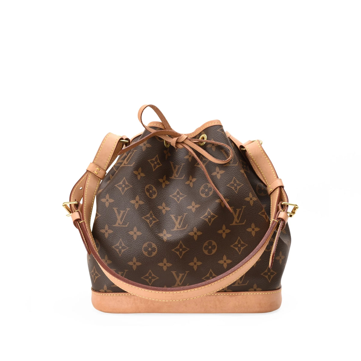 Brown Louis Vuitton monogram canvas drawstring bucket bag with tan leather trim, curated Pre-loved Luxury by Myluxe in Helsinki.