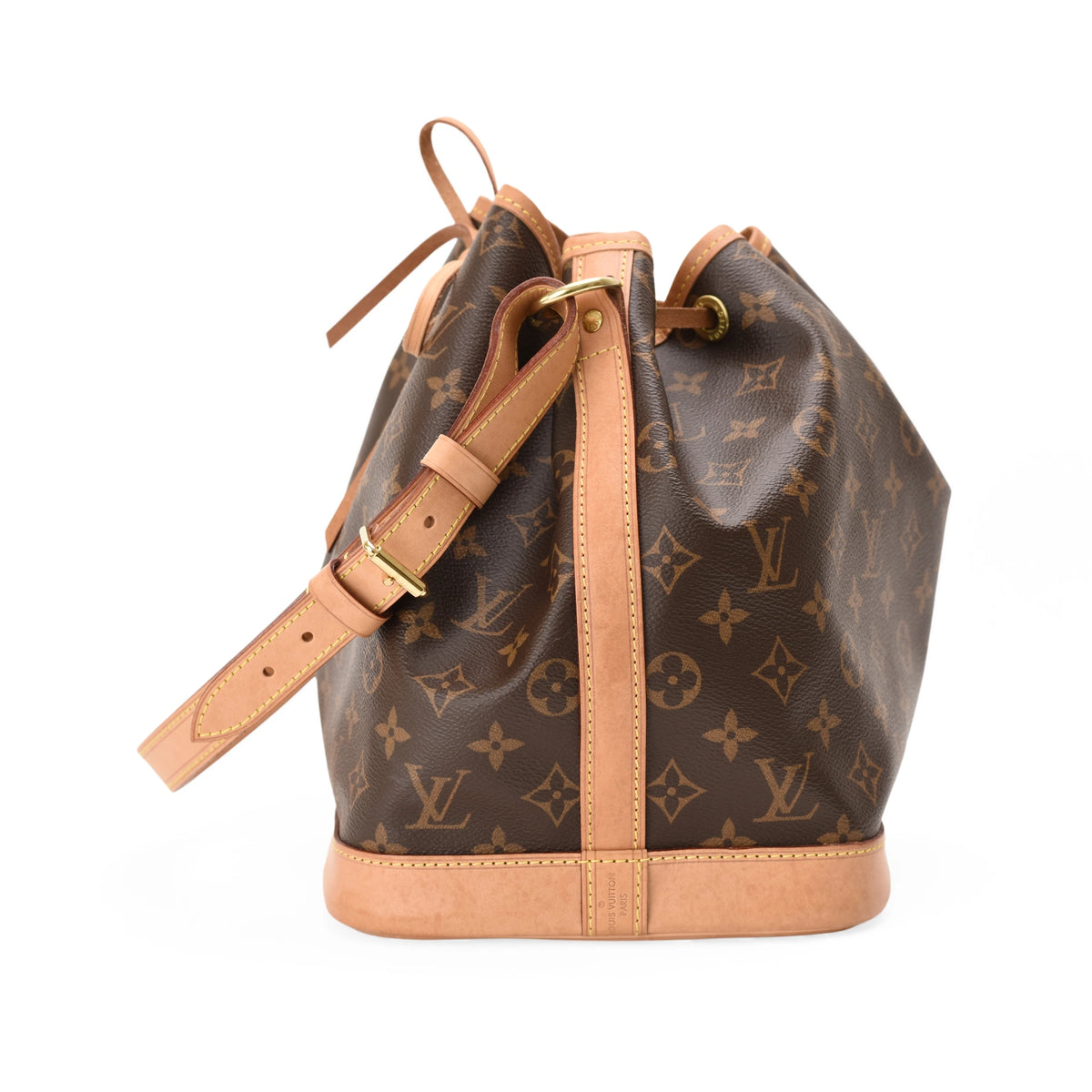 Louis Vuitton Monogram canvas bucket bag with tan leather trim. curated Pre-loved Luxury by Myluxe in Helsinki.