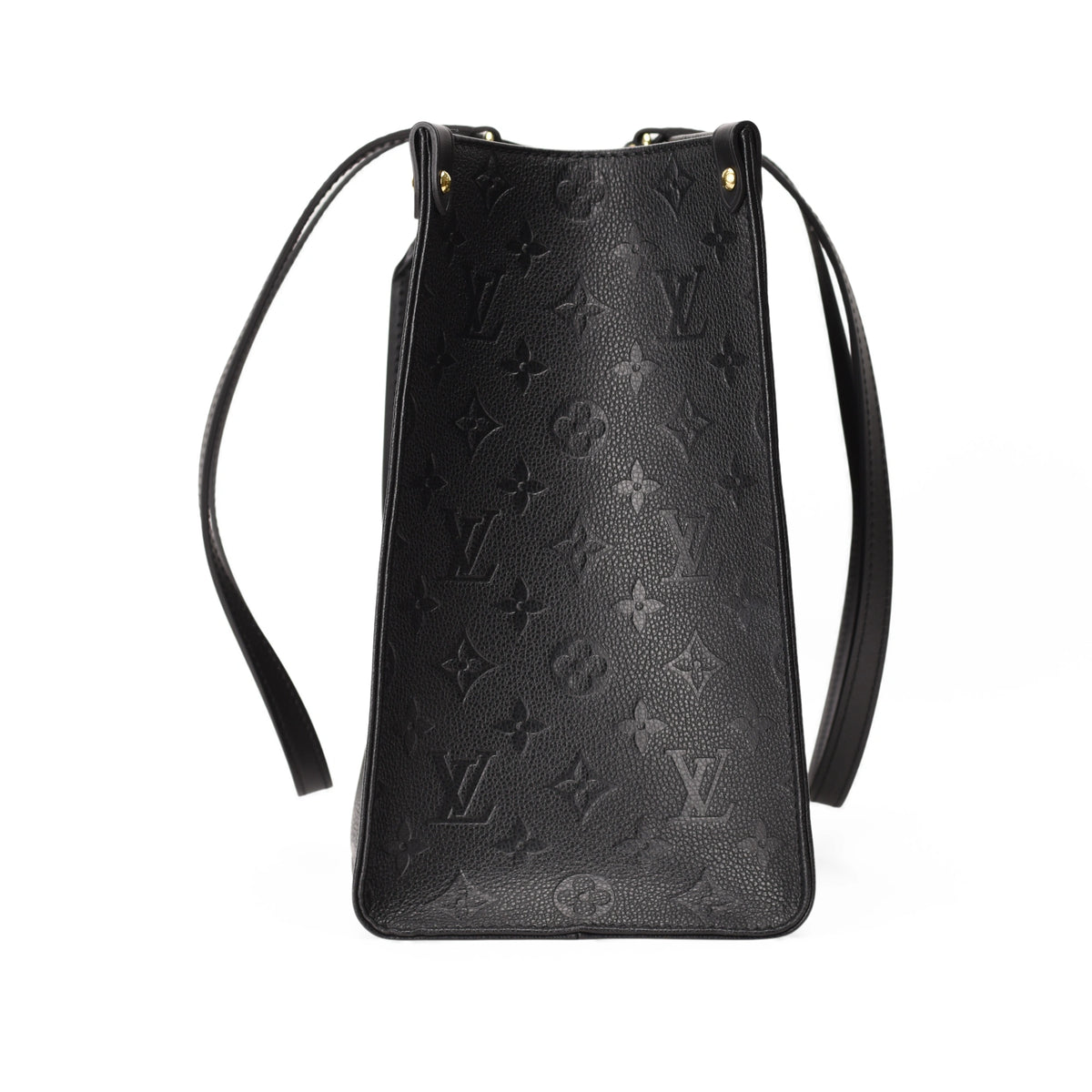 Black leather Louis Vuitton Onthego MM with embossed monogram, curated Pre-loved Luxury by Myluxe in Helsinki.