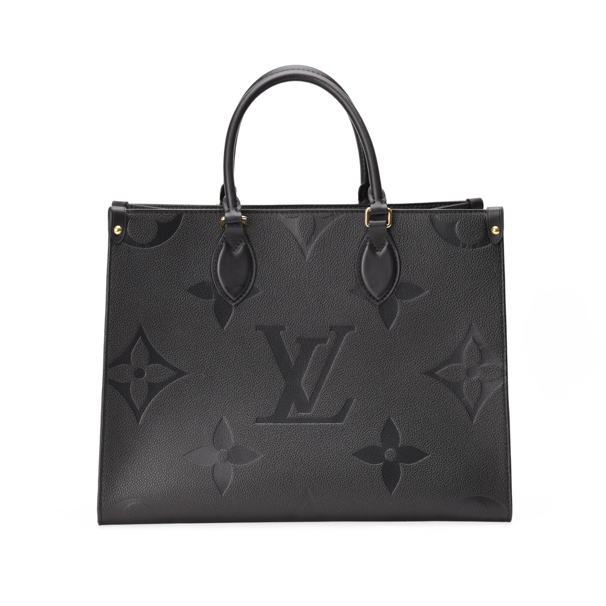 Louis Vuitton Onthego MM black grained leather tote with embossed monogram. curated Pre-loved Luxury by Myluxe in Helsinki.